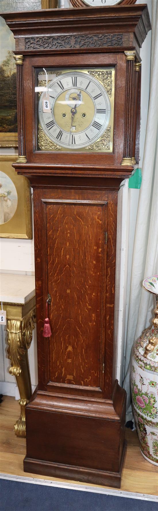 An oak eight-day longcase clock by John Stanton, London, brass dial and silvered Roman chapter ring H.200cm